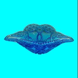 Vintage EAPG Blue Pressed Glass Banana Bowl Sawtooth Rim 14 x 8 x 2.5 READ